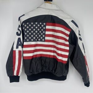 Vintage 90s Michael Hoban Genuine Leather Jacket Large USA Flag Bomber WhereMI